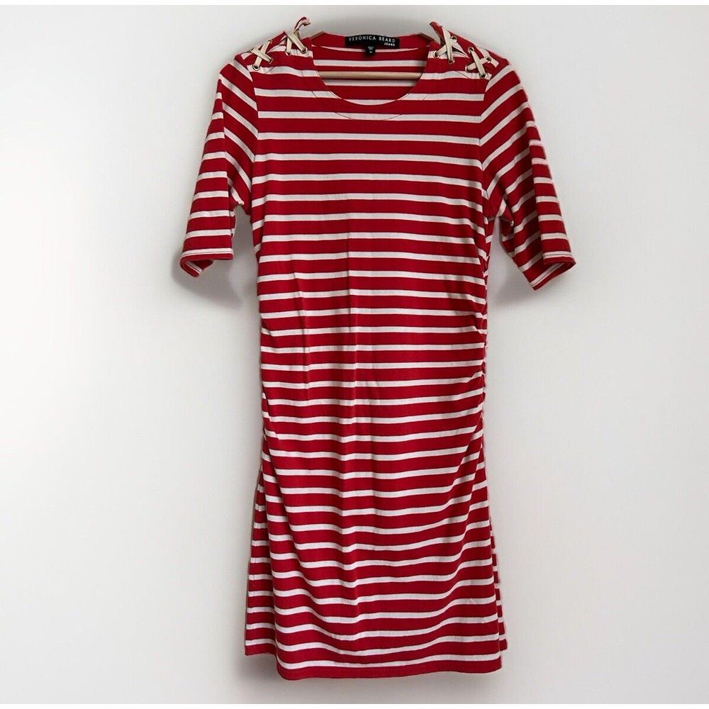 Veronica Beard Dress Womens M Foley Lace Up Ruched Red White Stripe Beach